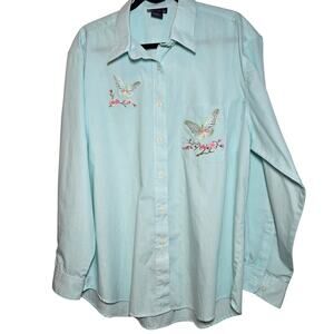 Green & White Stripe Button Up Las Olas Embroidered Flowers Butterflies Size XL